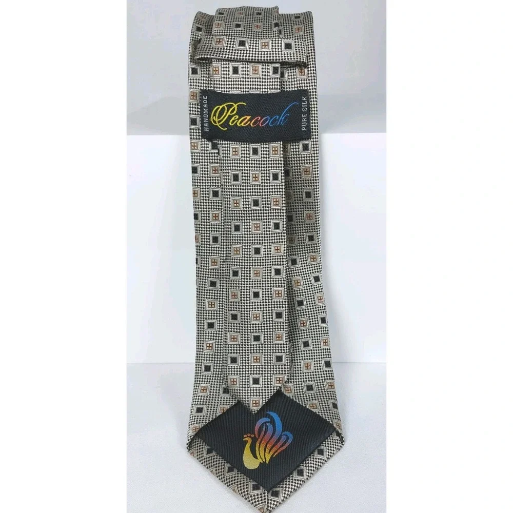 Peacock Men's Silk Tie Geometric Pattern Tan‎ Black Beige Handmade 3
